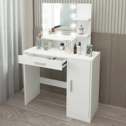 Coiffeuse blanche ML-Design avec éclairage LED miroir tiroir 3 compartiments de rangement bois MDF