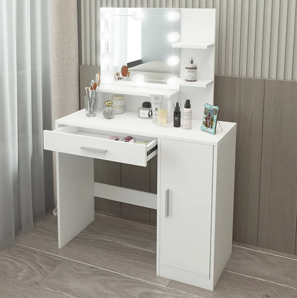 Coiffeuse blanche ML-Design avec éclairage LED miroir tiroir 3 compartiments de rangement bois MDF