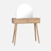 Coiffeuse Bohème avec miroir arrondi et 2 tiroirs cannage. coloris naturel. style Scandinave. L 90 x P 35 x H 135.5 cm