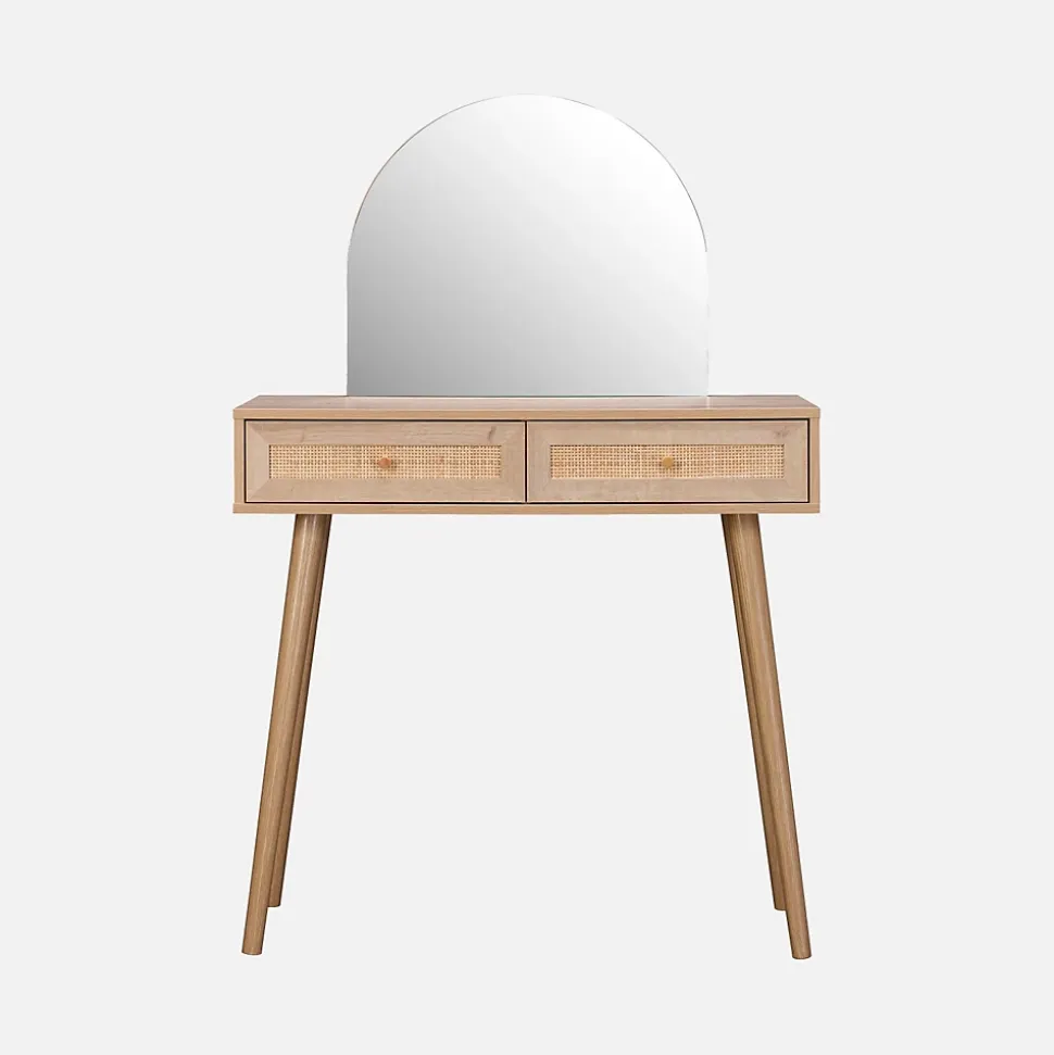 Coiffeuse Bohème avec miroir arrondi et 2 tiroirs cannage. coloris naturel. style Scandinave. L 90 x P 35 x H 135.5 cm