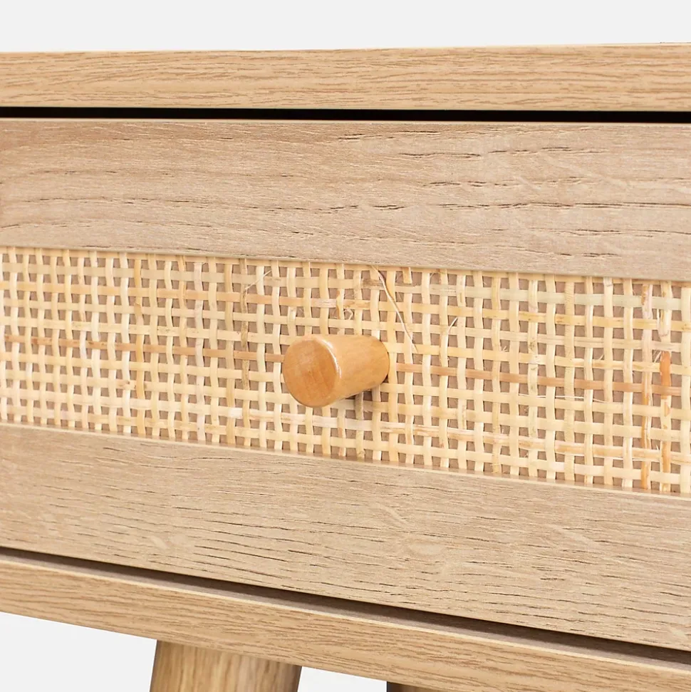 Coiffeuse Bohème avec miroir arrondi et 2 tiroirs cannage. coloris naturel. style Scandinave. L 90 x P 35 x H 135.5 cm
