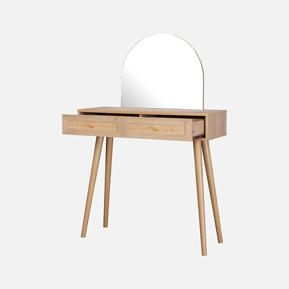Coiffeuse Bohème avec miroir arrondi et 2 tiroirs cannage. coloris naturel. style Scandinave. L 90 x P 35 x H 135.5 cm