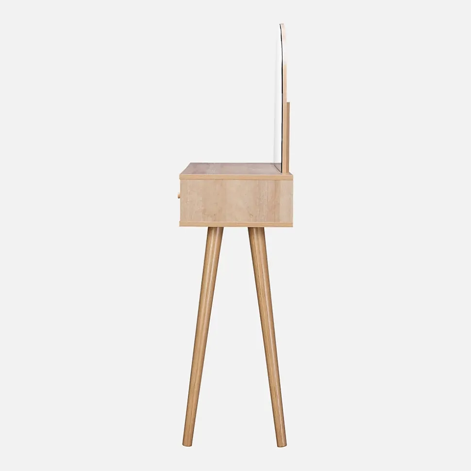 Coiffeuse Bohème avec miroir arrondi et 2 tiroirs cannage. coloris naturel. style Scandinave. L 90 x P 35 x H 135.5 cm