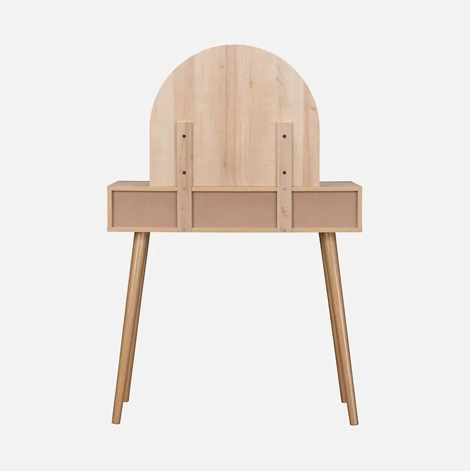 Coiffeuse Bohème avec miroir arrondi et 2 tiroirs cannage. coloris naturel. style Scandinave. L 90 x P 35 x H 135.5 cm