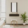 Coiffeuse cannelée suspendue - Noir mat - Mélamine PVC - 1 tiroir - Miroir 54x80 cm - Tiroir 80x17x42 cm