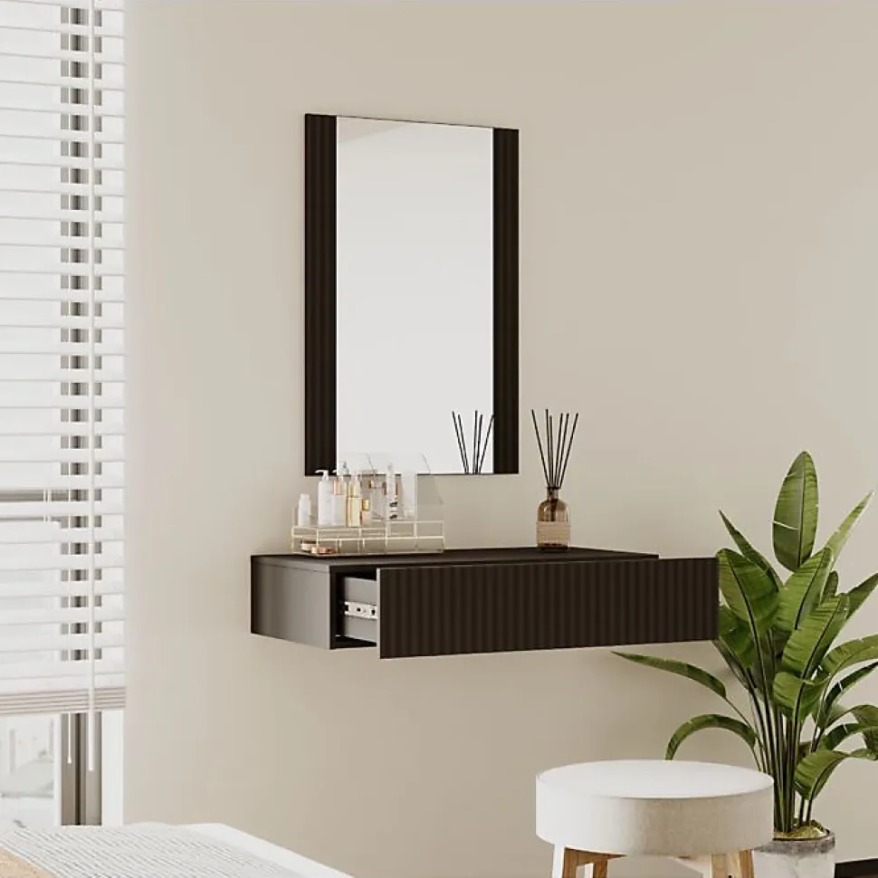 Coiffeuse cannelée suspendue - Noir mat - Mélamine PVC - 1 tiroir - Miroir 54x80 cm - Tiroir 80x17x42 cm
