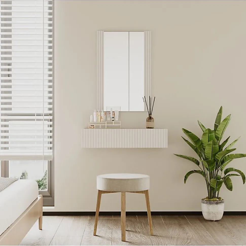 Coiffeuse cannelée suspendue - Blanc mat - Mélamine - 1 tiroir - L80xP42xH97 cm