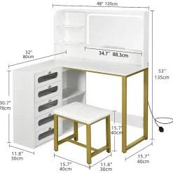 Coiffeuse d'angle en forme de L avec miroir, rangements et étagères, Table de maquillage gain de place, 120x80x135 cm, Blanc