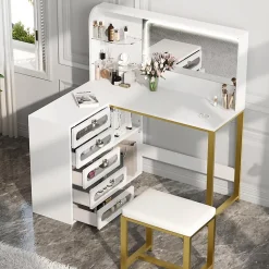 Coiffeuse d'angle en forme de L avec miroir, rangements et étagères, Table de maquillage gain de place, 120x80x135 cm, Blanc