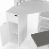Coiffeuse d'angle ZELIA blanche 3 miroirs LED, 3 étagères, 1 tiroir, 1 caisson de rangement et tabouret