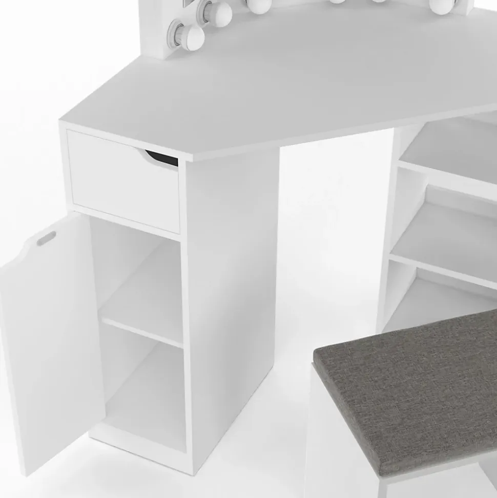 Coiffeuse d'angle ZELIA blanche 3 miroirs LED, 3 étagères, 1 tiroir, 1 caisson de rangement et tabouret