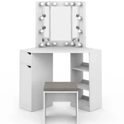 Coiffeuse d'angle ZELIA blanche 3 miroirs LED, 3 étagères, 1 tiroir, 1 caisson de rangement et tabouret