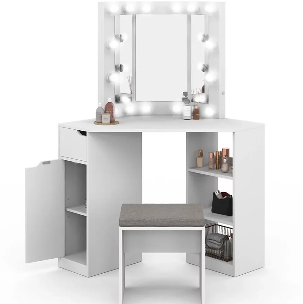 Coiffeuse d'angle ZELIA blanche 3 miroirs LED, 3 étagères, 1 tiroir, 1 caisson de rangement et tabouret