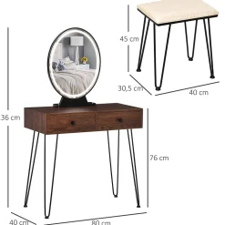 Coiffeuse design - miroir LED intégré - 2 tiroirs + 1 organisateur - tabouret inclus - métal noir MDF imitation bois noyer foncé