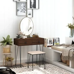 Coiffeuse design - miroir LED intégré - 2 tiroirs + 1 organisateur - tabouret inclus - métal noir MDF imitation bois noyer foncé