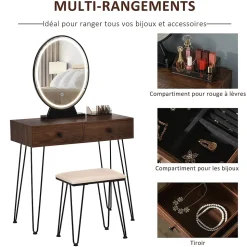 Coiffeuse design - miroir LED intégré - 2 tiroirs + 1 organisateur - tabouret inclus - métal noir MDF imitation bois noyer foncé