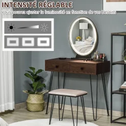 Coiffeuse design - miroir LED intégré - 2 tiroirs + 1 organisateur - tabouret inclus - métal noir MDF imitation bois noyer foncé