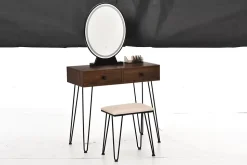 Coiffeuse design - miroir LED intégré - 2 tiroirs + 1 organisateur - tabouret inclus - métal noir MDF imitation bois noyer foncé