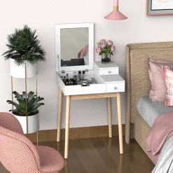 Coiffeuse design scandinave table de maquillage multi-rangements miroir pliable 60L x 50l x 86H cm pin et MDF blanc