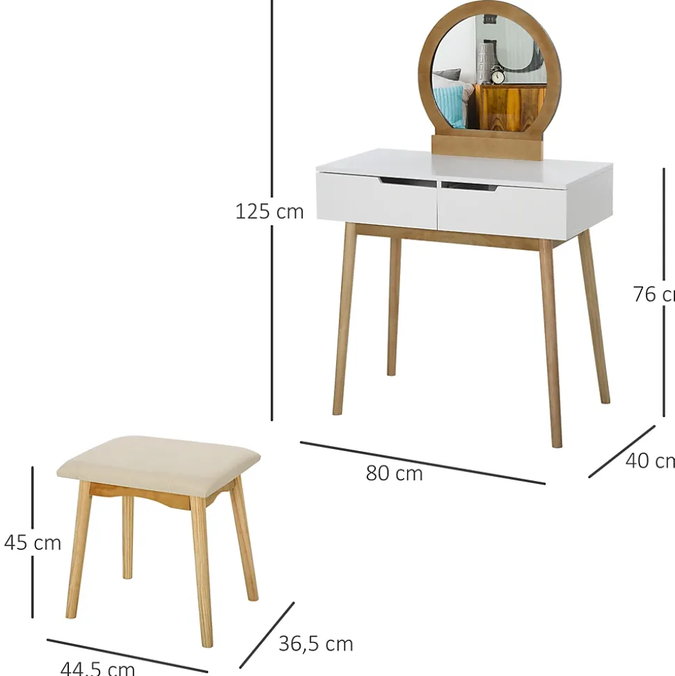 Coiffeuse design scandinave table de maquillage avec miroir, 2 tiroirs et tabouret blanc pin clair