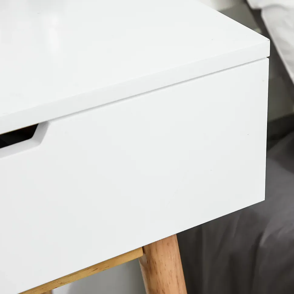 Coiffeuse design scandinave table de maquillage avec miroir, 2 tiroirs et tabouret blanc pin clair