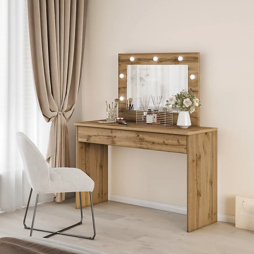 Coiffeuse DIVA chene Avec miroir, tiroir et LED Elégance naturelle et fonctionnalité