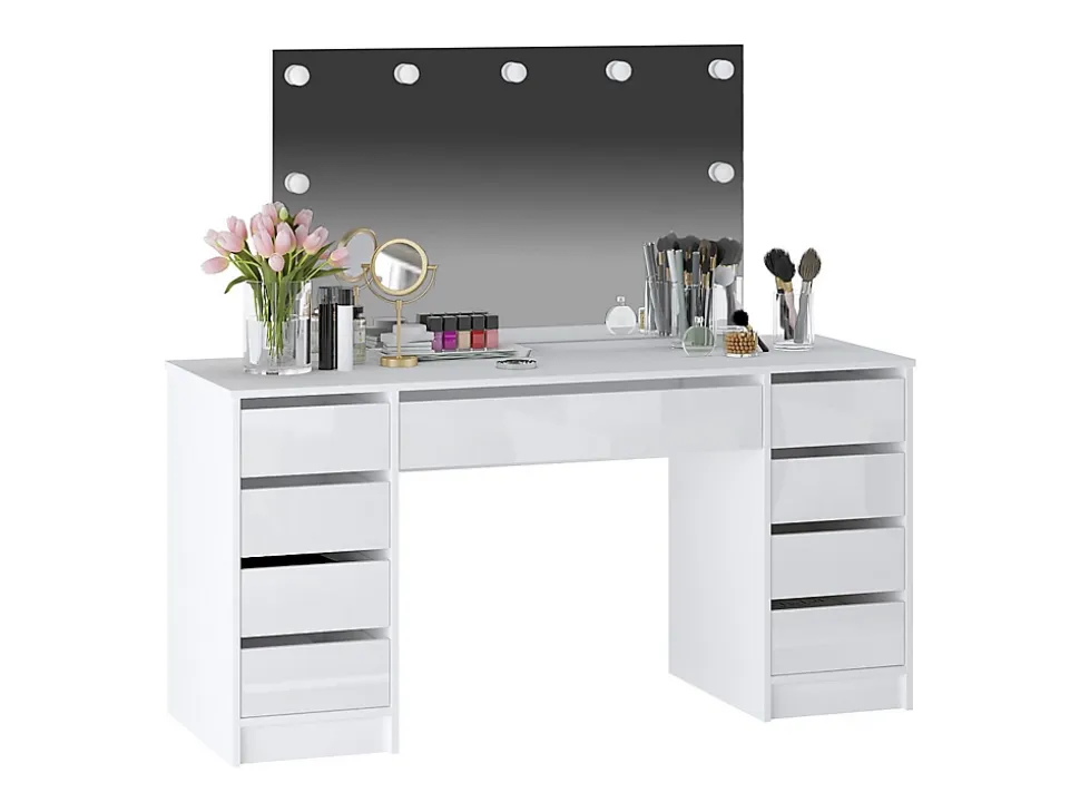 Coiffeuse double avec miroir à LEDs - 9 tiroirs - Blanc brillant - JENEMI