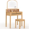 Coiffeuse EDHEN avec miroir LED, 1 tiroir, 3 niches et tabouret effet cannage naturel et bois