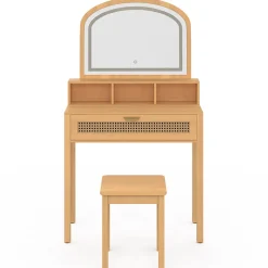 Coiffeuse EDHEN avec miroir LED, 1 tiroir, 3 niches et tabouret effet cannage naturel et bois