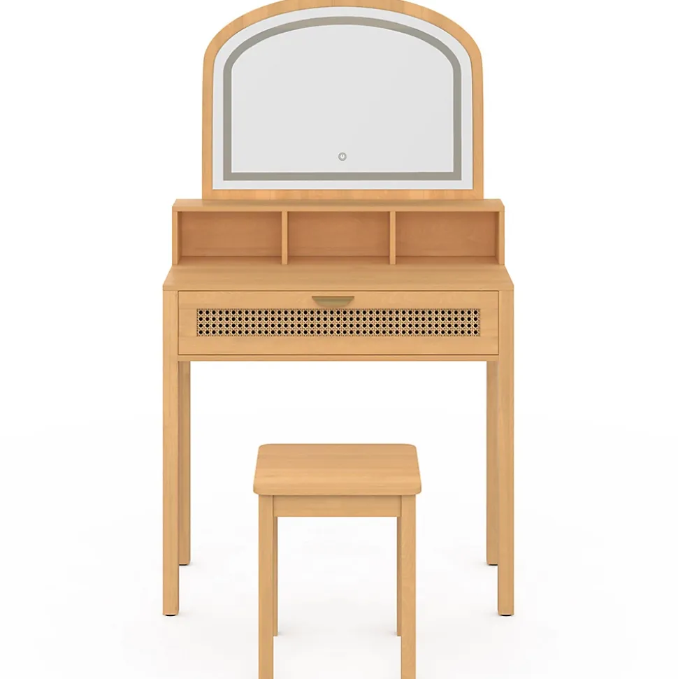 Coiffeuse EDHEN avec miroir LED, 1 tiroir, 3 niches et tabouret effet cannage naturel et bois