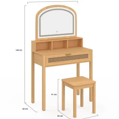 Coiffeuse EDHEN avec miroir LED, 1 tiroir, 3 niches et tabouret effet cannage naturel et bois