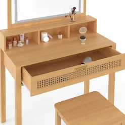 Coiffeuse EDHEN avec miroir LED, 1 tiroir, 3 niches et tabouret effet cannage naturel et bois