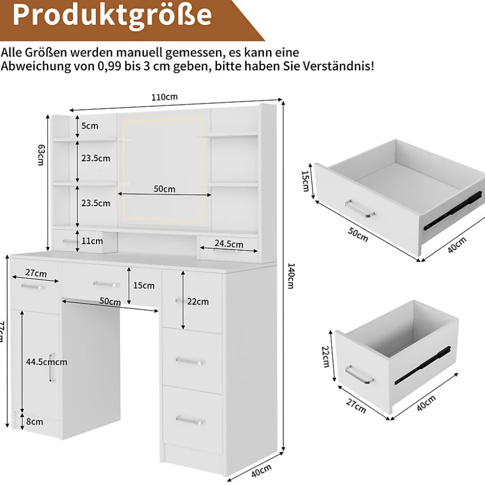 Coiffeuse en MDF avec Miroir 3 Couleurs, LED Tactile, 2 Tiroirs, Prises EU + USB, Support Sèche-Cheveux, Blanc