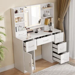 Coiffeuse en MDF avec Miroir 3 Couleurs, LED Tactile, 2 Tiroirs, Prises EU + USB, Support Sèche-Cheveux, Blanc