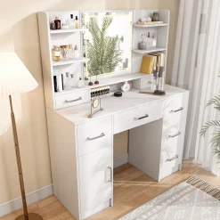 Coiffeuse en MDF avec Miroir 3 Couleurs, LED Tactile, 2 Tiroirs, Prises EU + USB, Support Sèche-Cheveux, Blanc