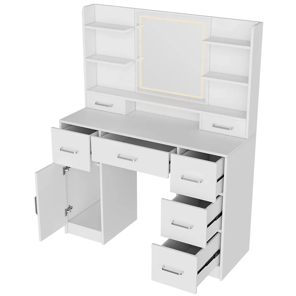 Coiffeuse en MDF avec Miroir 3 Couleurs, LED Tactile, 2 Tiroirs, Prises EU + USB, Support Sèche-Cheveux, Blanc