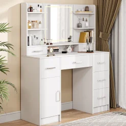 Coiffeuse en MDF avec Miroir 3 Couleurs, LED Tactile, 2 Tiroirs, Prises EU + USB, Support Sèche-Cheveux, Blanc