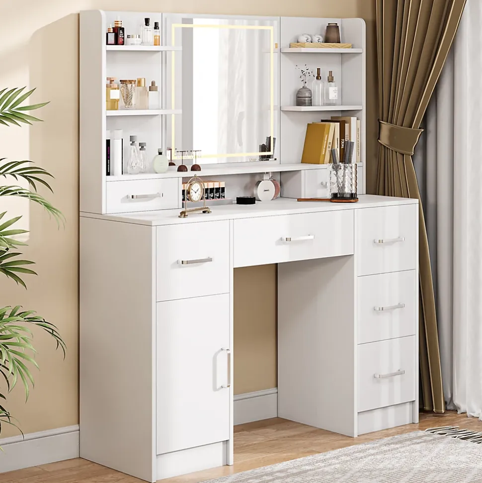 Coiffeuse en MDF avec Miroir 3 Couleurs, LED Tactile, 2 Tiroirs, Prises EU + USB, Support Sèche-Cheveux, Blanc