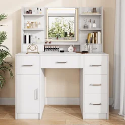 Coiffeuse en MDF avec Miroir 3 Couleurs, LED Tactile, 2 Tiroirs, Prises EU + USB, Support Sèche-Cheveux, Blanc