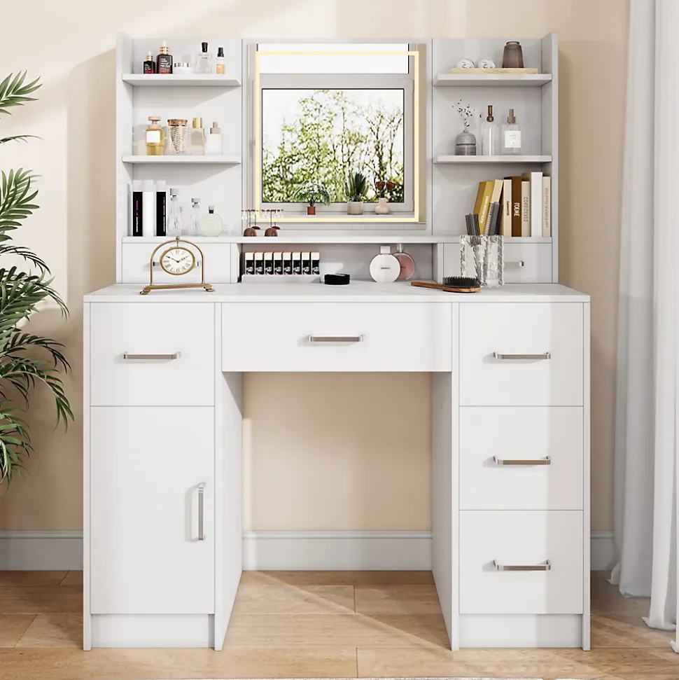 Coiffeuse en MDF avec Miroir 3 Couleurs, LED Tactile, 2 Tiroirs, Prises EU + USB, Support Sèche-Cheveux, Blanc