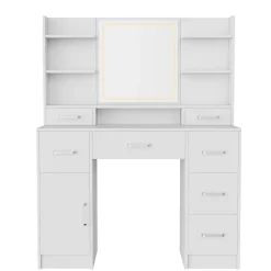 Coiffeuse en MDF avec Miroir 3 Couleurs, LED Tactile, 2 Tiroirs, Prises EU + USB, Support Sèche-Cheveux, Blanc