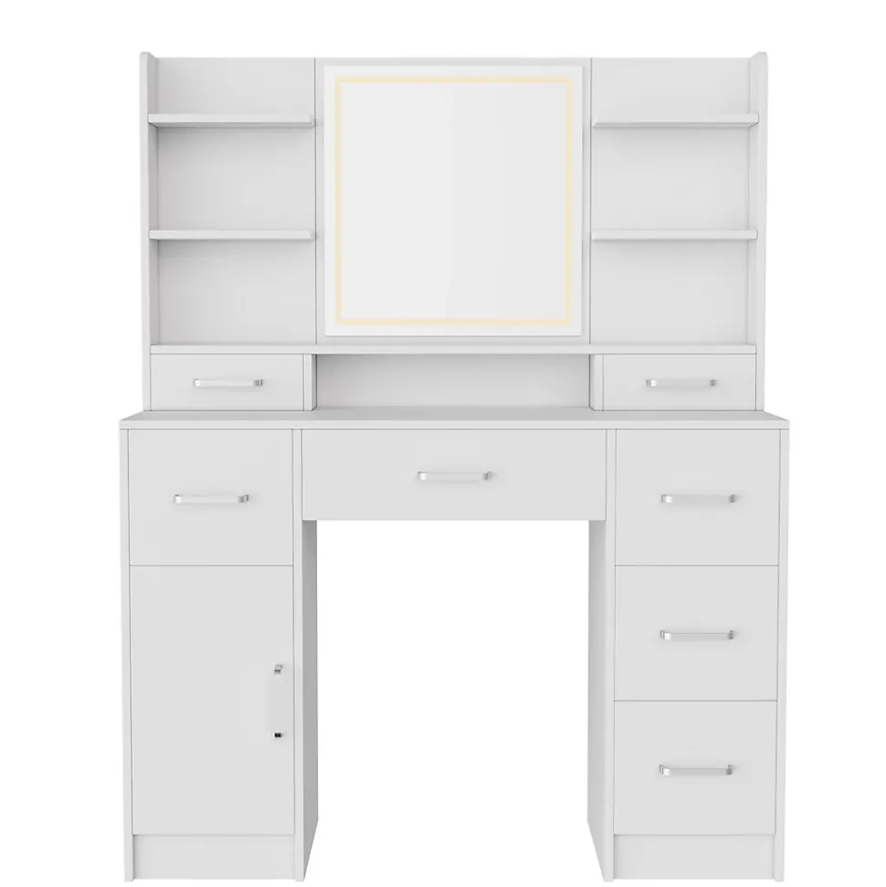 Coiffeuse en MDF avec Miroir 3 Couleurs, LED Tactile, 2 Tiroirs, Prises EU + USB, Support Sèche-Cheveux, Blanc