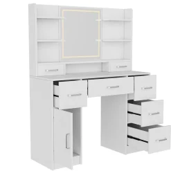 Coiffeuse en MDF avec Miroir 3 Couleurs, LED Tactile, 2 Tiroirs, Prises EU + USB, Support Sèche-Cheveux, Blanc