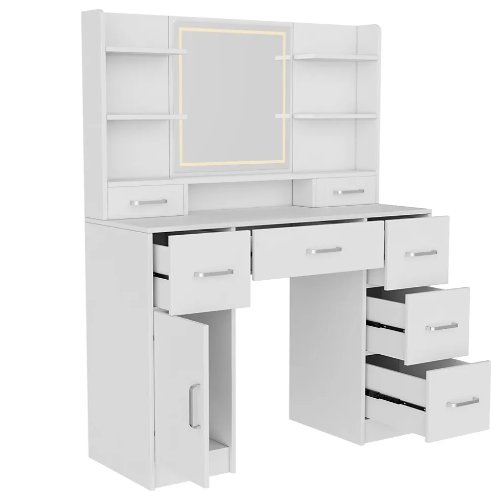 Coiffeuse en MDF avec Miroir 3 Couleurs, LED Tactile, 2 Tiroirs, Prises EU + USB, Support Sèche-Cheveux, Blanc