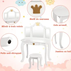 Coiffeuse Enfant 3 7 Ans 2 en 1 Table de Maquillage avec Tabouret 3 Miroirs Amovibles 1 Tiroir Pieds en Bois de Pin