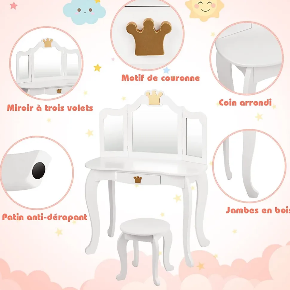 Coiffeuse Enfant 3 7 Ans 2 en 1 Table de Maquillage avec Tabouret 3 Miroirs Amovibles 1 Tiroir Pieds en Bois de Pin