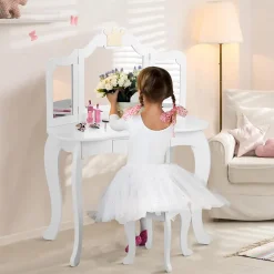 Coiffeuse Enfant 3 7 Ans 2 en 1 Table de Maquillage avec Tabouret 3 Miroirs Amovibles 1 Tiroir Pieds en Bois de Pin