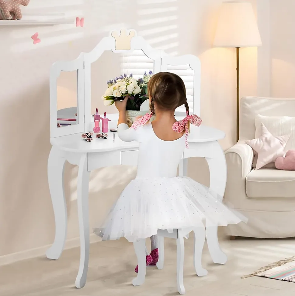 Coiffeuse Enfant 3 7 Ans 2 en 1 Table de Maquillage avec Tabouret 3 Miroirs Amovibles 1 Tiroir Pieds en Bois de Pin