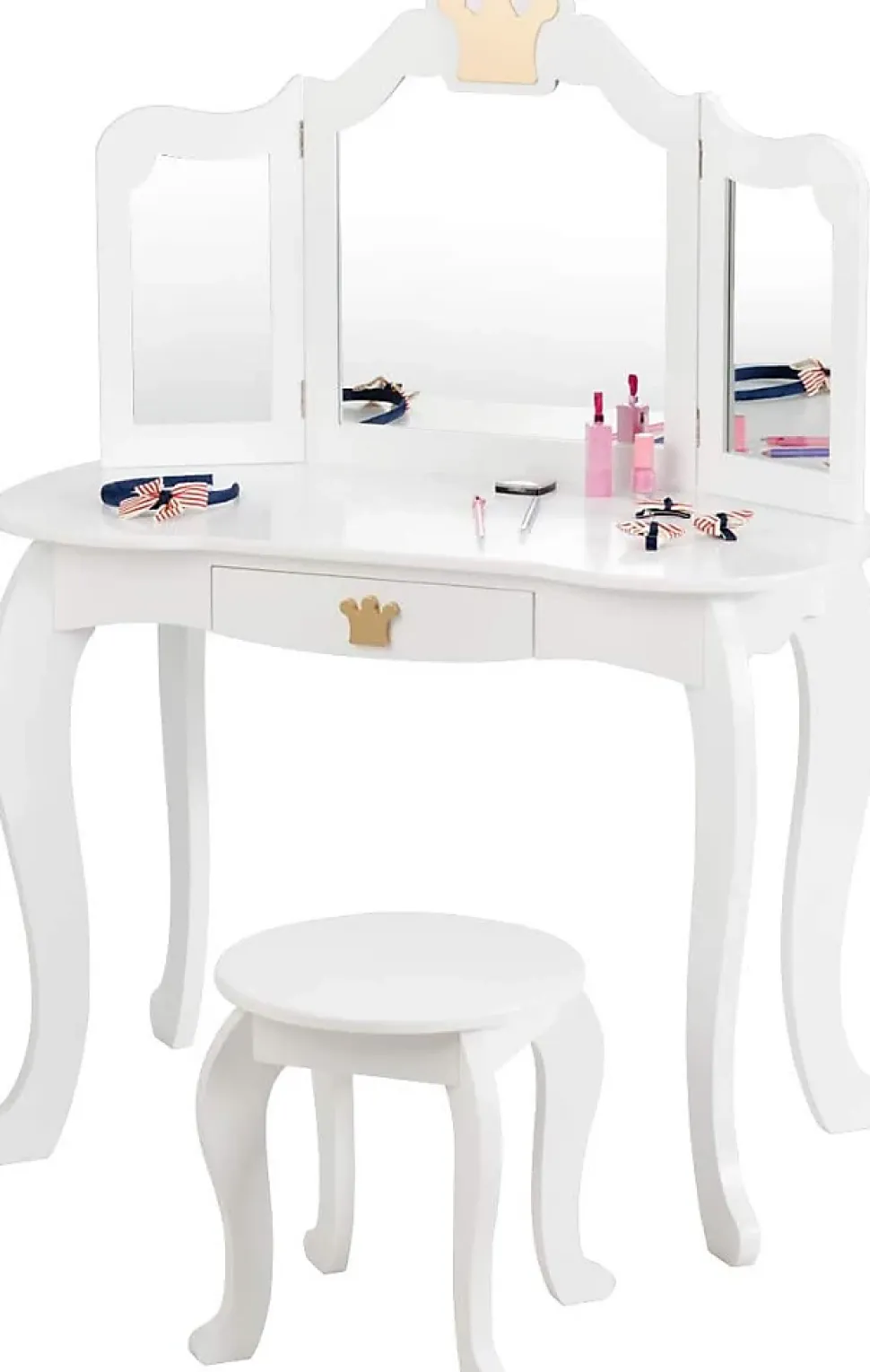 Coiffeuse Enfant 3 7 Ans 2 en 1 Table de Maquillage avec Tabouret 3 Miroirs Amovibles 1 Tiroir Pieds en Bois de Pin