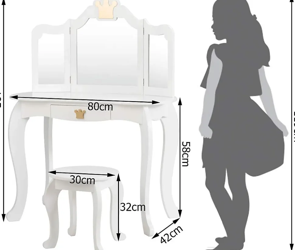 Coiffeuse Enfant 3 7 Ans 2 en 1 Table de Maquillage avec Tabouret 3 Miroirs Amovibles 1 Tiroir Pieds en Bois de Pin